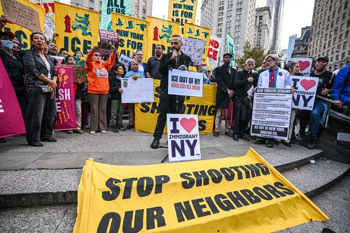 man speaking at Foley Square against ICE after shooting in Marble Hill