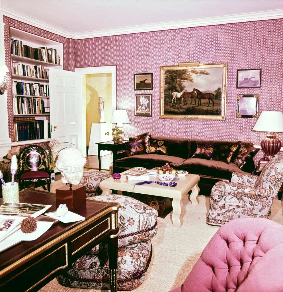 Vogue, June 01, 1973 - Jacqueline Onassis's library, redecorated by designers Harrison Cultra and Georgina Fairholme, featuring pink wallpaper and equestrian paintings