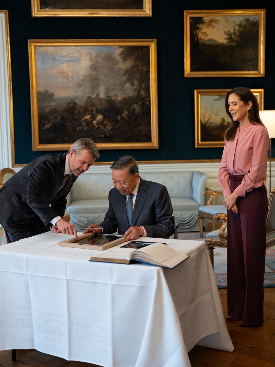 Queen Mary looked effortlessly chic in a soft pink blouse and burgundy wide-leg trousers, delivering a sophisticated take on fall fashion during the final day of the Vietnamese state visit.