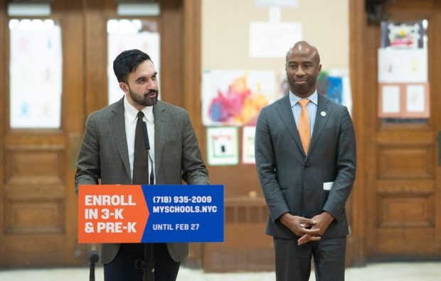 New York City Mayor Zohran Mamdani, left, and New York City Public Schools Chancellor Kamar Samuels celebrate the opening day of 3-K and Pre-K applications with a visit to a 3-K and Pre-K child care center in Cypress Hills on Wednesday, Jan. 14, 2026. (Michael Appleton / Mayoral Photography Office)