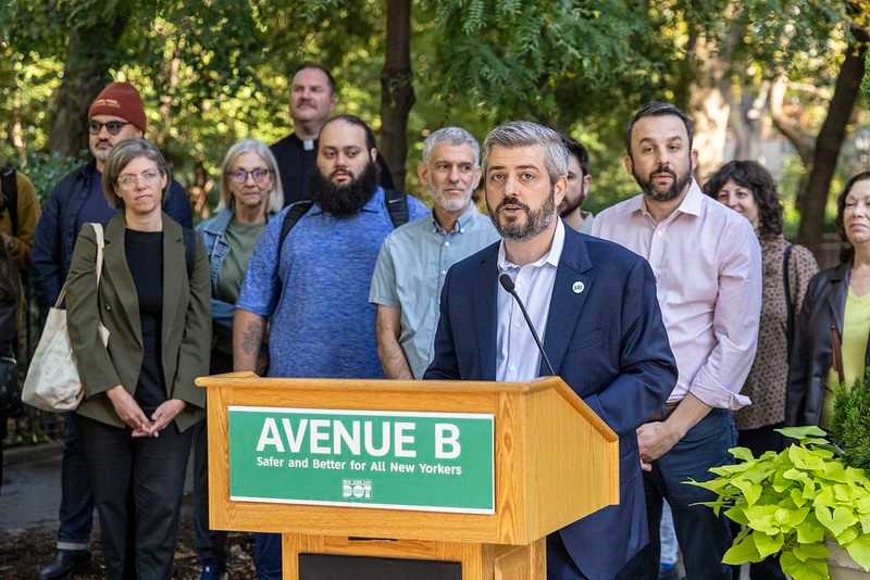 Avenue B narrowed to one traffic lane along three open street blocks after DOT redesign