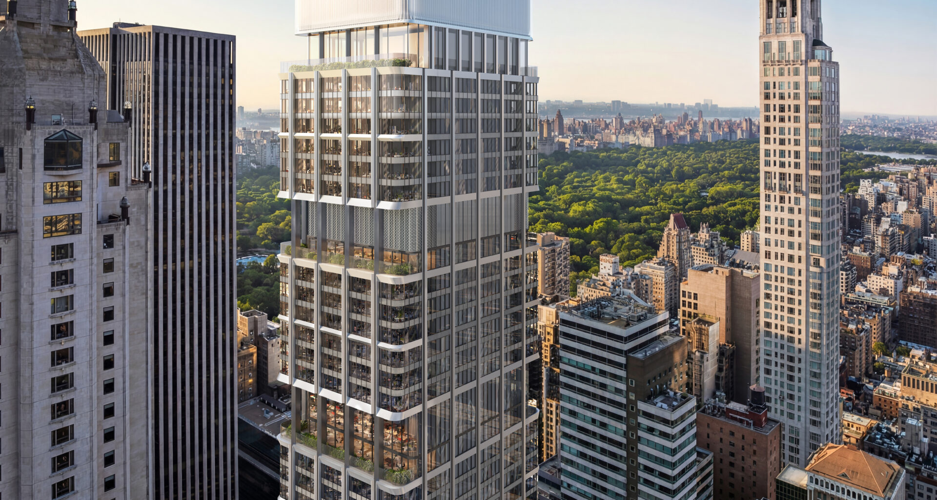 A tall, modern skyscraper with glass windows in an urban setting, surrounded by other high-rise buildings, and a park visible in the background.