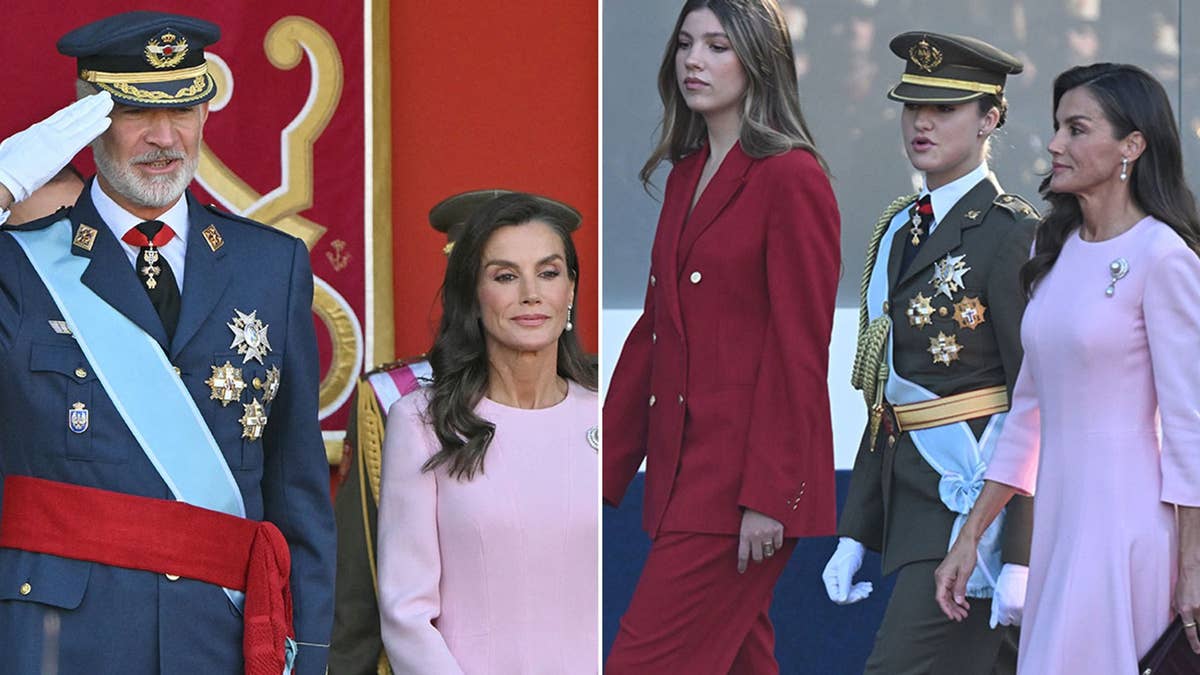 Queen Letizia is joined by her 2 lookalike daughters for rare full family appearance at Spain's National Day