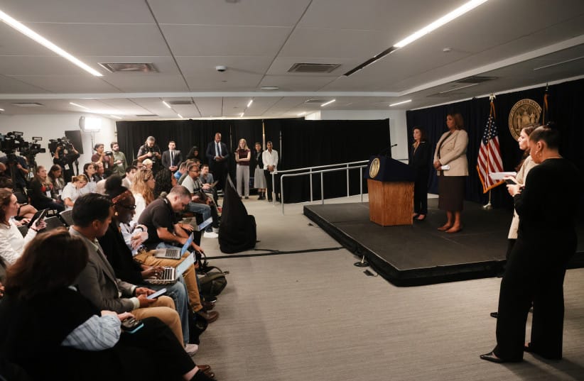 New York Attorney-General Letitia James stands with New York Governor Kathy Hochul at a news conference in Manhattan, where the governor announced a review of Cornell University’s initial response to allegations from a former student about being raped at a campus fraternity in 2024, October 2, 2026.
