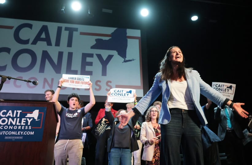 Cait Conley, who is challenging U.S. Representative Mike Lawler to represent New York’s 17th Congressional District, speaks to supporters on September 16, 2026 in Tarrytown, New York.