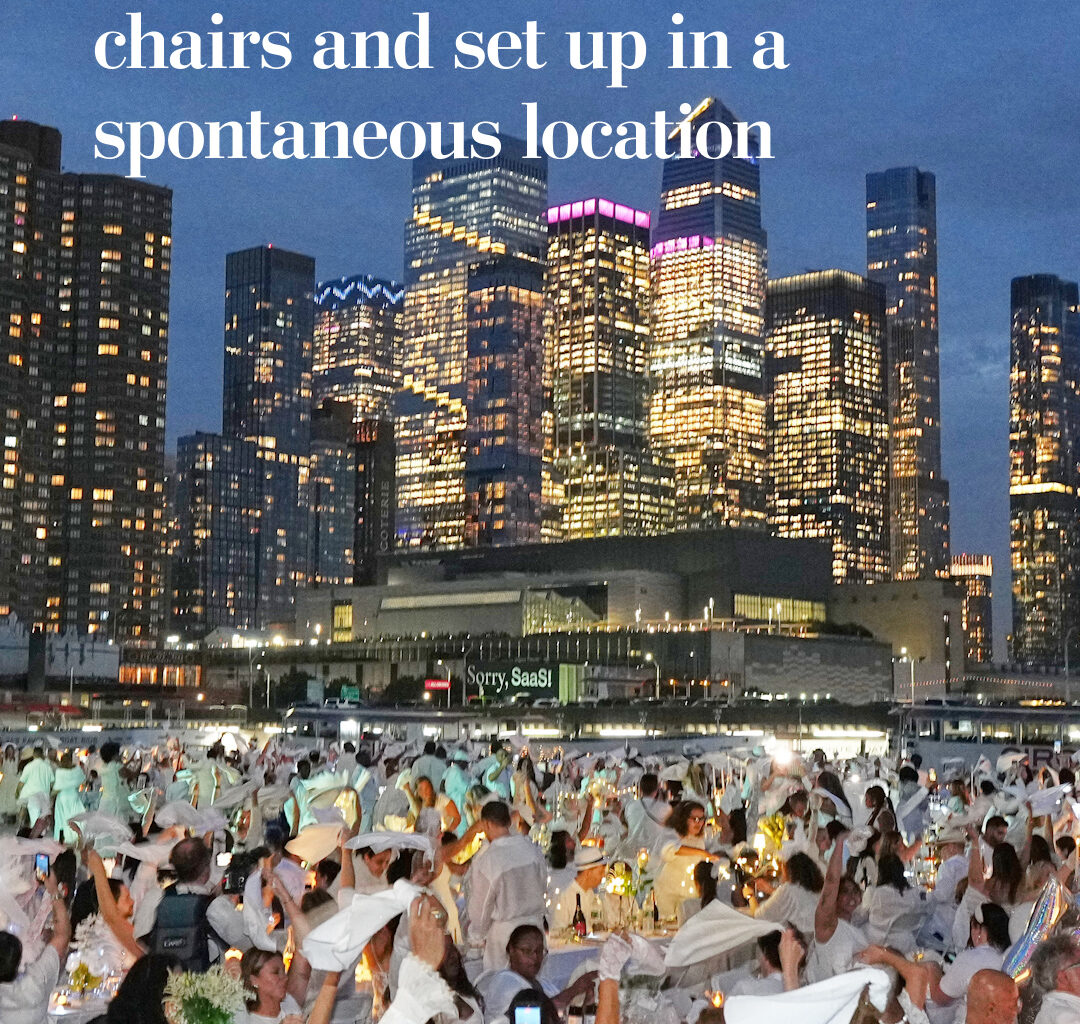 Thousands of diners dressed in white gathered at New York City’s Pier 84 for Dîner en Blanc, an annual outdoor event where guests bring their own tables, chairs, food and decorations. The location is kept secret until shortly before the event.