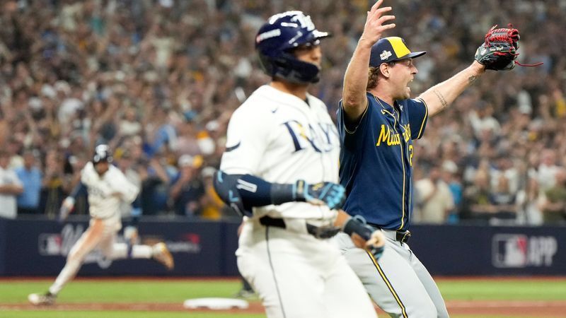 Milwaukee Brewers pitcher Trevor Megill celebrates their win in baseball's World Series against the Tampa Bay Rays, Wednesday, Oct. 28, 2026, in St. Petersburg, Fla. (AP Photo/Ashley Landis)