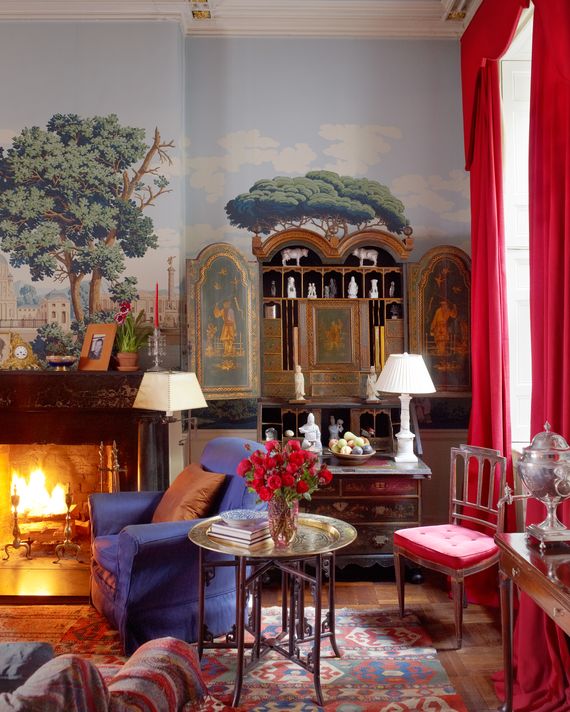Zuber wallpaper behind a Queen Anne secretary from Anson’s mother’s apartment in Rome.