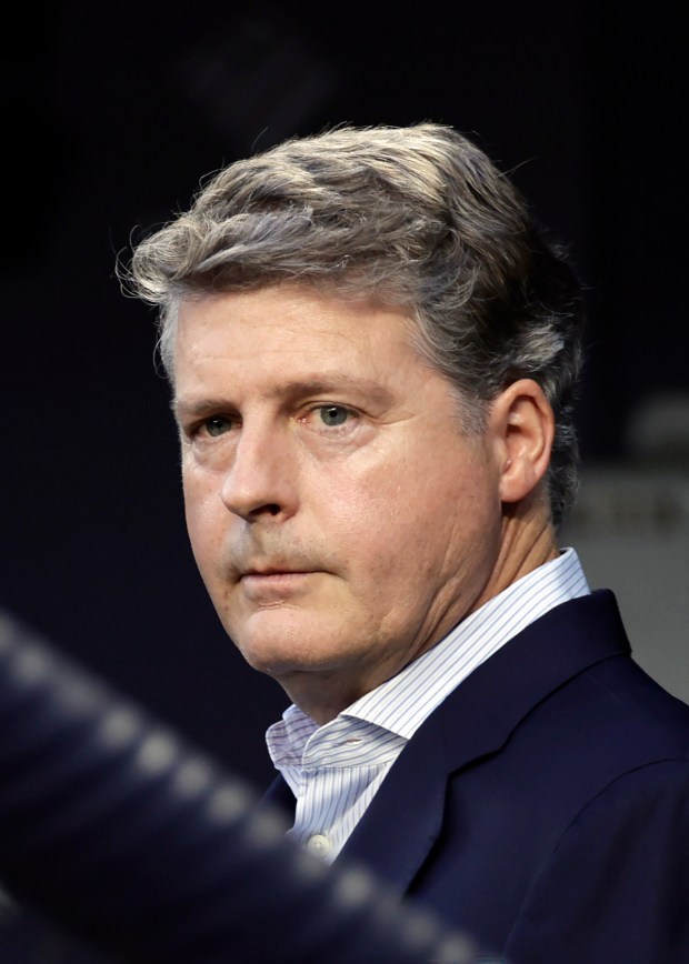 Hal Steinbrenner, principal owner of the New York Yankees, looks on during a ceremony honoring baseball Hall of Famer Derek Jeter induction before first baseball game against the Tampa Bay Rays on Friday, Sept. 9, 2022, in New York. (AP Photo/Adam Hunger)