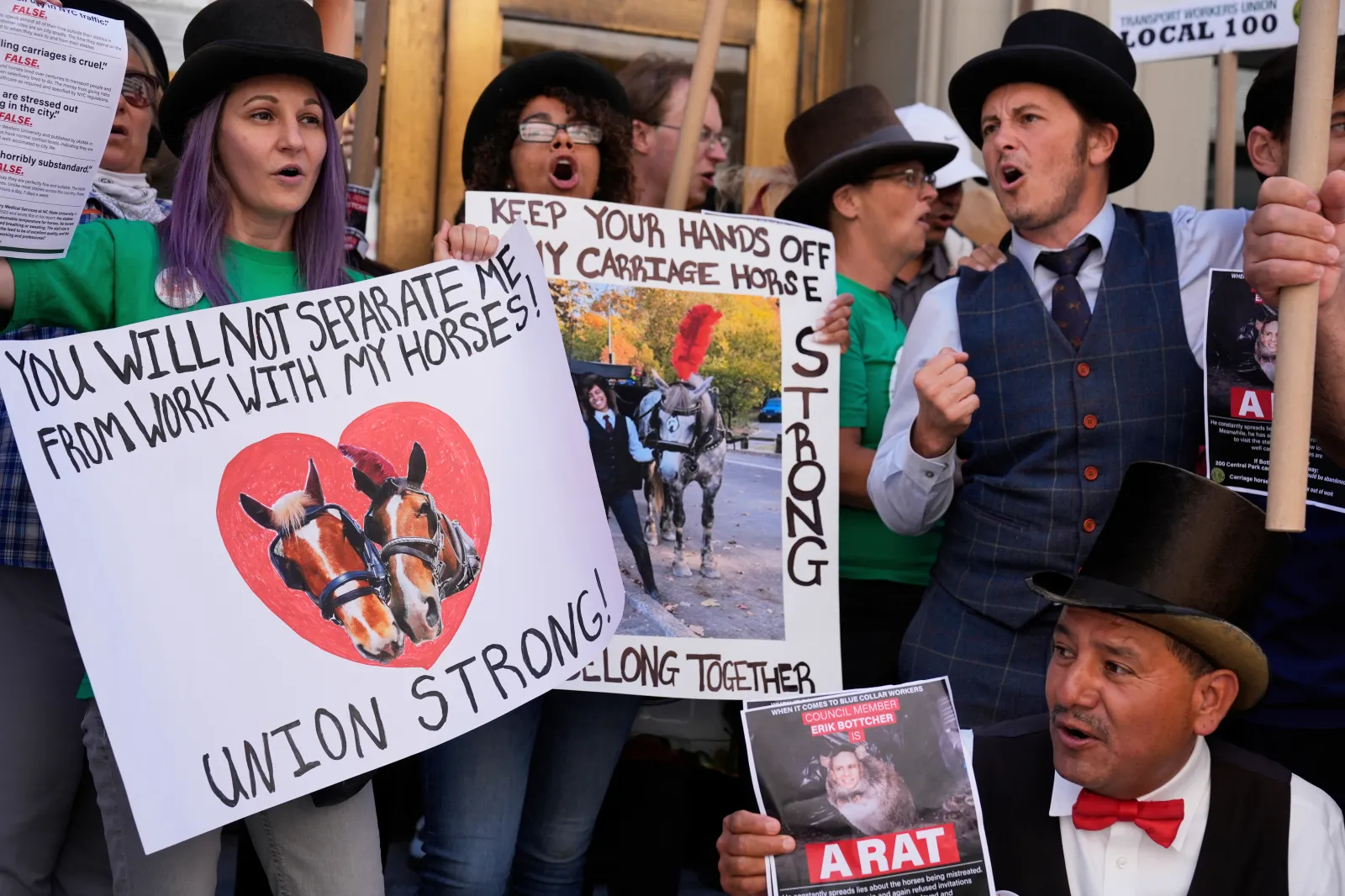 Horse carriage drivers and their supporters rally in New York City on August 19, 2025. (AP Photo/Seth Wenig, File)