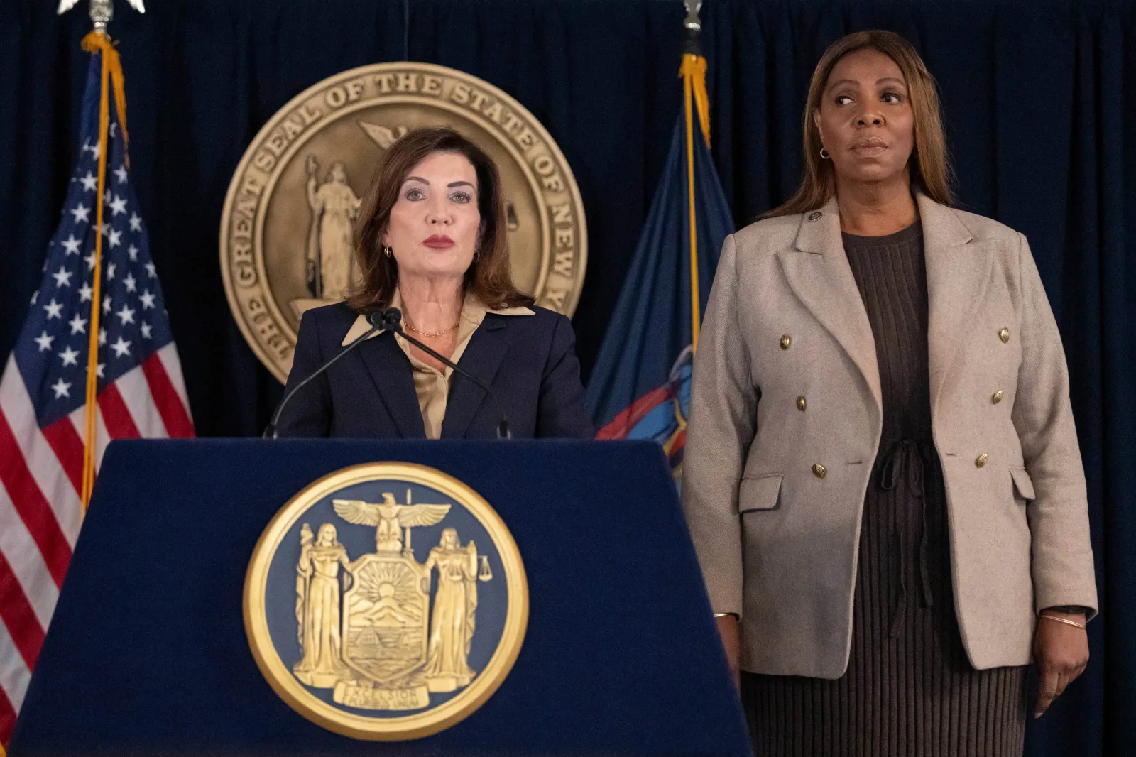 New York Governor Kathy Hochul speaks during a news conference with New York Attorney General Letitia James on October 2.