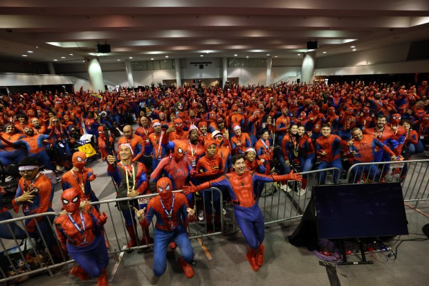 IMAGE DISTRIBUTED FOR JAZWARES, LLC. - Jeremy Padawer, President of Jazwares, poses with Spider-Man fans during New York Comic-Con, Thursday, Oct. 8, 2026 in New York. (Jason DeCrow/AP Content Services for Jazwares, LLC.)
