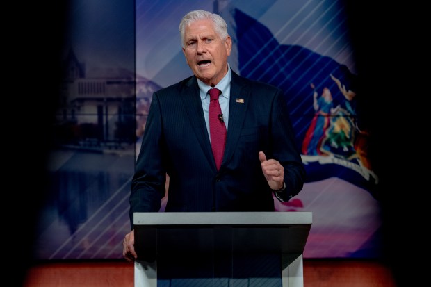Republican challenger Bruce Blakeman speaks during a debate with Governor Kathy Hochul in the only scheduled debate ahead of the November New York gubernatorial election on Tuesday, Oct. 13, 2026, in New York. (Anna Connors/The New York Times via AP, Pool)