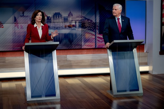 Governor Kathy Hochul and Republican challenger Bruce Blakeman face off in the only scheduled debate ahead of the November New York gubernatorial election on Tuesday, Oct. 13, 2026, in New York. (Anna Connors/The New York Times via AP, Pool)