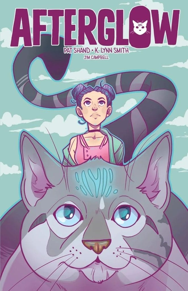 Cover art for Afterlow, which depicts a purple-haired woman in a pink-and-green top riding a giant cat.