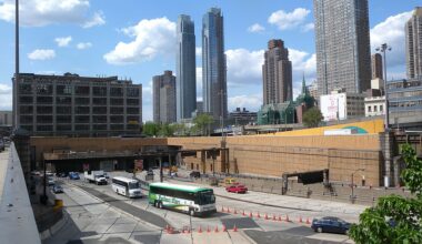 Looking northwest from the 38th Street overpass, at the Manhattan portal of Lincoln Tunnel on a mostly sunny midday