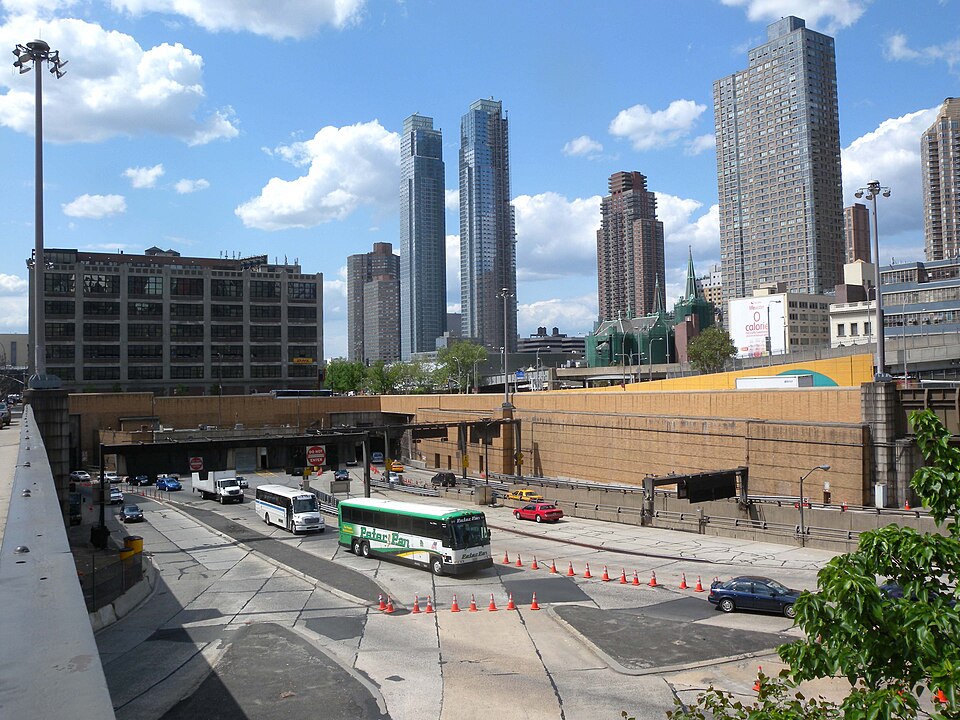 Looking northwest from the 38th Street overpass, at the Manhattan portal of Lincoln Tunnel on a mostly sunny midday