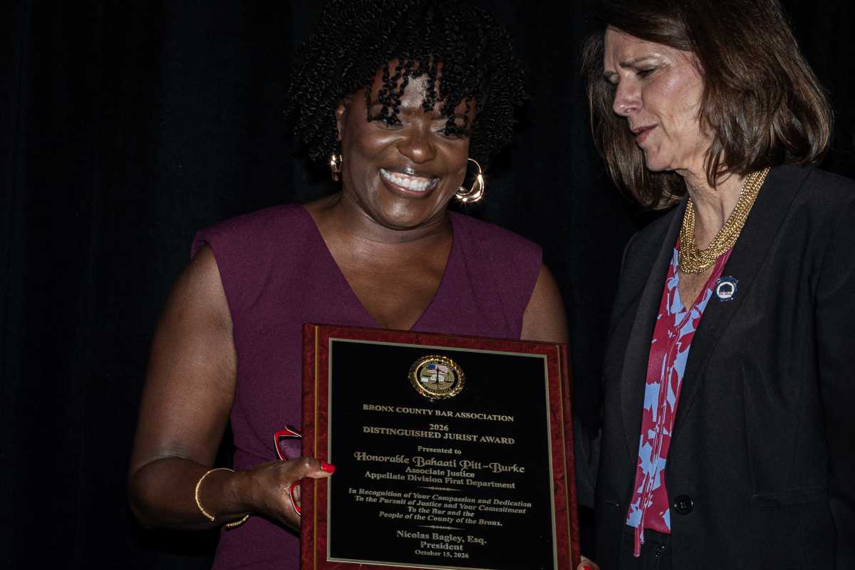 The Honorable Bahaati Pitt-Burke, Associate Justice of the Appellate Division First Department, receives the Bronx County Bar Association’s 2026 Distinguished Jurist Award.