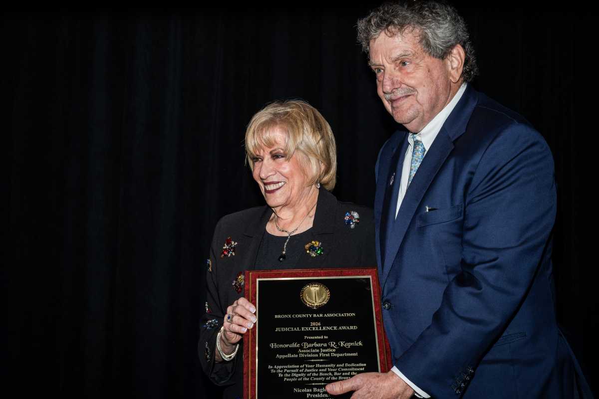 The Honorable Barbara R. Kapnick, Associate Justice of the Appellate Division First Department, receives the Bronx County Bar Association’s 2026 Judicial Excellence Award.