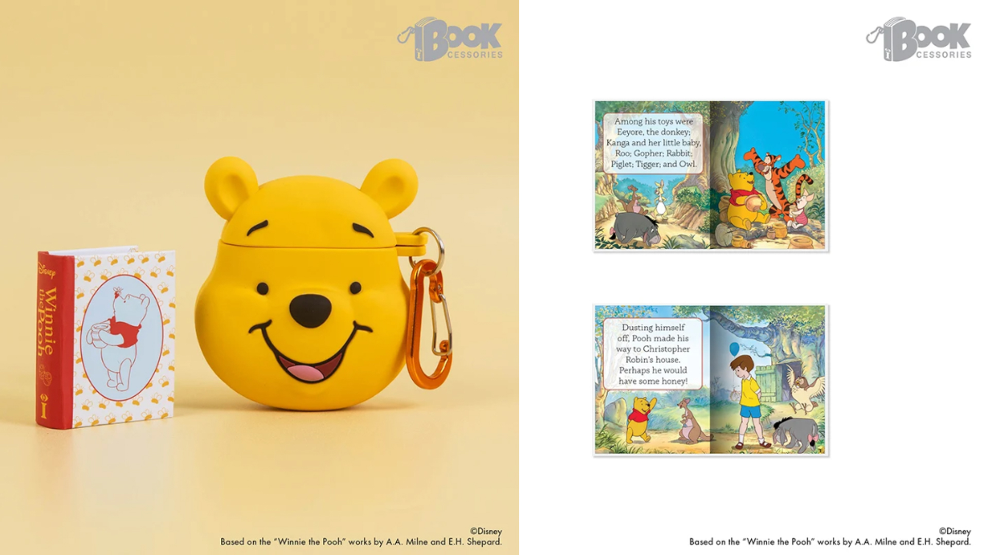 Disney Bookcessories Winnie the Pooh miniature book set featuring a tiny Winnie the Pooh book beside a yellow Pooh bear-shaped collectible case with a clip. The image also shows interior pages with illustrations of Winnie the Pooh, Tigger, Eeyore, Christopher Robin, Rabbit, Kanga, Roo, Piglet, Owl, and Gopher in the Hundred-Acre Wood.