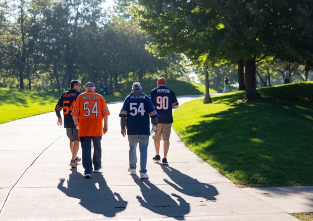 Bears fans walk outside Soldier Field before the game against the Jets on Oct. 4, 2026, in Chicago. (Brian Cassella/Chicago Tribune)