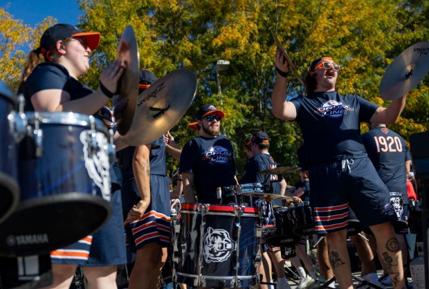 The Bears drum line performs in the Waldron Deck before the game against the Jets on Oct. 4, 2026, at Soldier Field in Chicago. (Brian Cassella/Chicago Tribune)