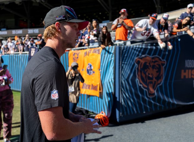 Bears quarterback Tyson Bagent warms up before the game against the Jets on Oct. 4, 2026, at Soldier Field in Chicago. (Brian Cassella/Chicago Tribune)