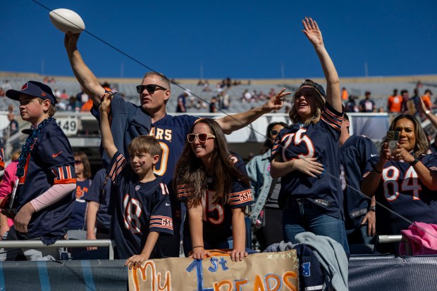 Bears fans watch warmups before the game against the Jets on Oct. 4, 2026, at Soldier Field in Chicago. (Brian Cassella/Chicago Tribune)