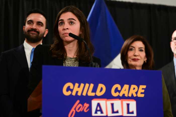 Emmy Liss at childcare announcement with Mamdani