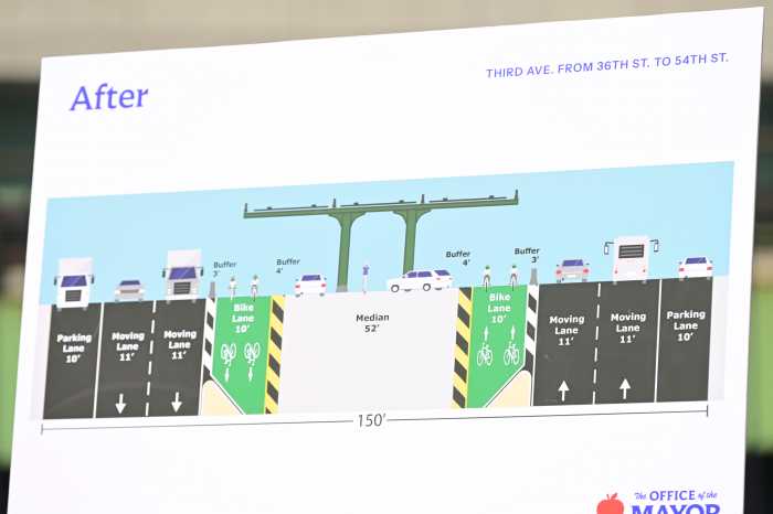 A rendering shows NYC DOT’s proposed redesign of Third Avenue in Sunset Park, including protected bike lanes along the center median and pedestrian safety improvements.