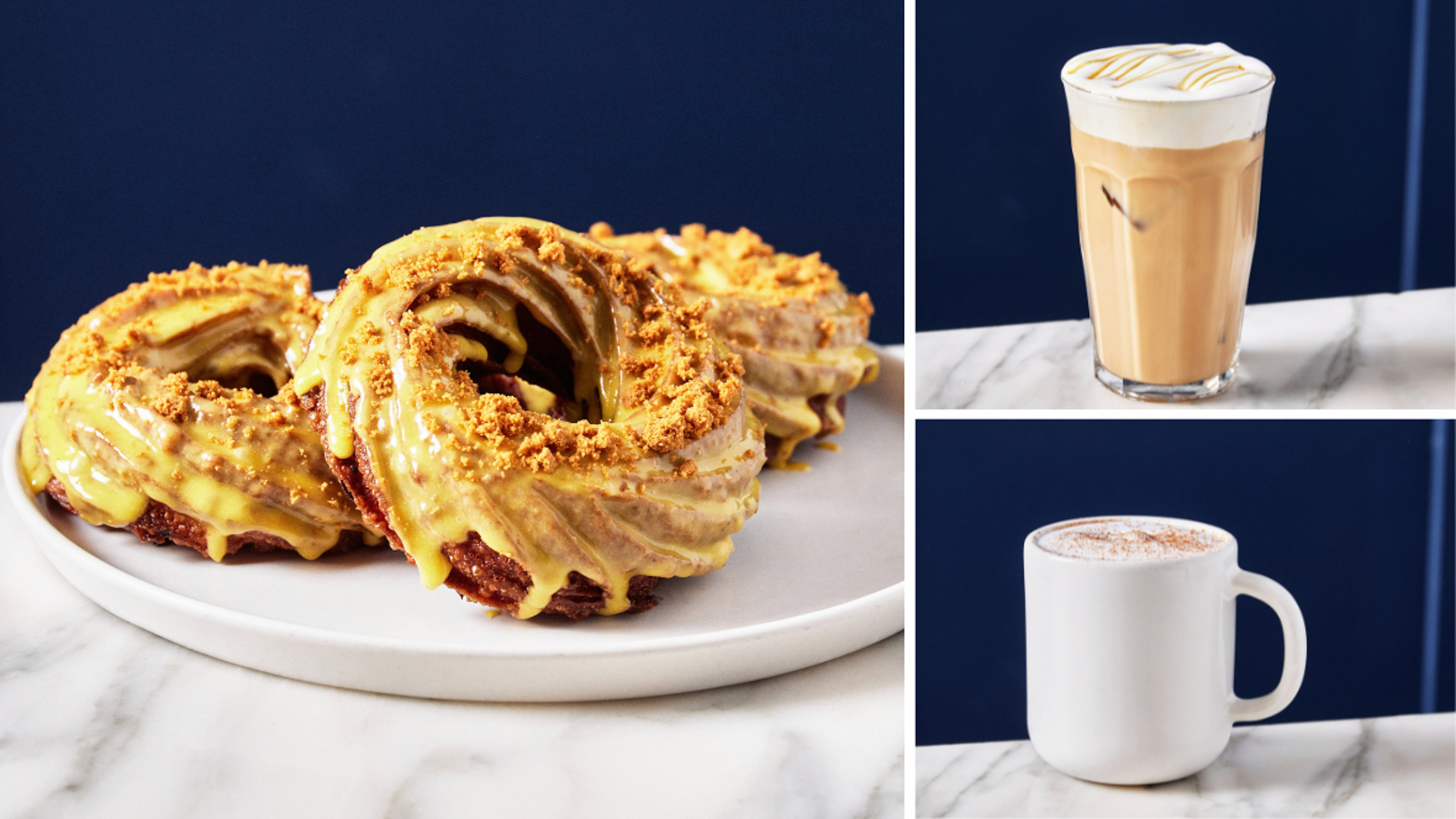Honey-inspired treats and beverages featured during the Winnie the Pooh 100th Anniversary takeover at Daily Provisions Manhattan West, including glazed pastries drizzled with golden honey topping, a specialty iced coffee, and a hot coffee beverage served on a marble countertop against a blue backdrop.