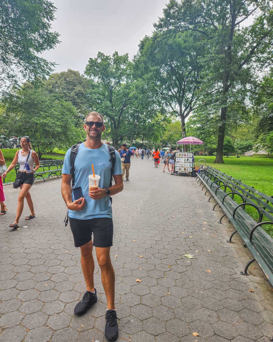 Daniel with a juice in Central Park, New York City