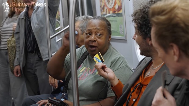 Debbie Shields with Conan O'Brien on "Subway Takes." (Subway Takes via YouTube)