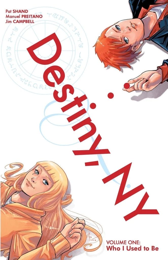 Cover art for Destiny, NY that depicts a blonde woman in a yellow hoodie and a red-haired woman in a green-and-red jacket laying on a white field
