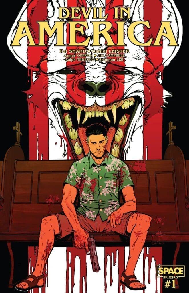 Cover art for Devil In America, which depicts a middle-aged man, drenched in blood, sitting in front of a white wolf creature that's obscured by red vertical lines