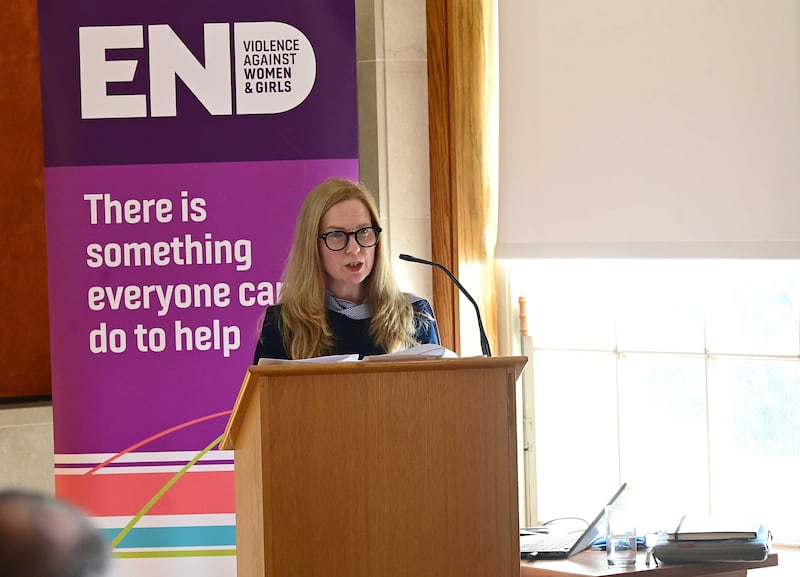 Professor Maria Lohan from the School of Nursing & Midwifery at Queen's speaking at the launch of the report, Understandings of Masculinities and Attitudes Towards Violence Against Women and Girls in Northern Ireland: Young Men’s and Boys’ Views and Practitioners’ Perspectives. PICTURE: QUB