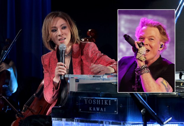 Guns N' Roses frontman Axl Rose (inset) was set to join fellow rock star Yoshiki (main) on stage at the Global Citizen Festival in Central Park in front of 60K people before the event was rained out. (Getty Images)