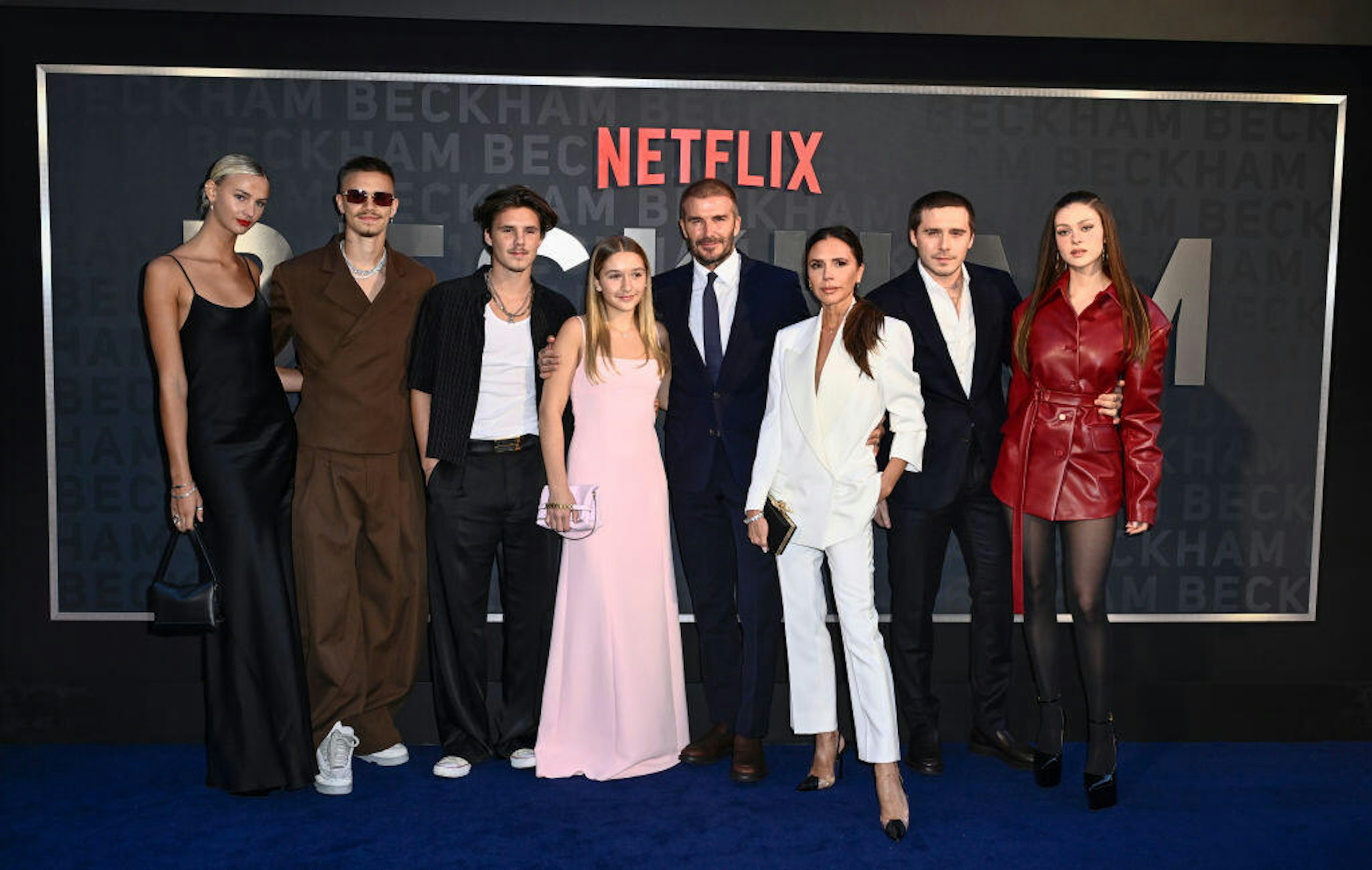 (L-R) Mia Regan, Romeo Beckham, Cruz Beckham, Harper Beckham, David Beckham, Victoria Beckham, Brooklyn Peltz Beckham and Nicola Peltz Beckham attend the Netflix 'Beckham' UK Premiere at The Curzon Mayfair on October 03, 2023 in London, England.