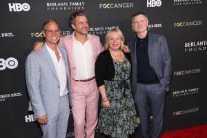 Greg Berlanti, Joshua Jackson, Julie Plec and Kevin Williamson at The Barbara Berlanti "Heroes Gala" Benefitting F Cancer held at Santa Monica Barker Hangar on October 03, 2026 in Los Angeles, California. (Photo by Jesse Grant/Variety via Getty Images)