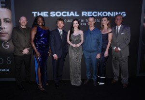 NEW YORK, NEW YORK - OCTOBER 04: (L-R) Bill Burr, Wunmi Mosaku, Jeremy Allen White, Mikey Madison, Jeremy Strong, Betty Gilpin and Aaron Sorkin attend the Social Reckoning world premiere at Regal Union Square on October 04, 2026 in New York City. (Photo by Sean Zanni/Getty Images for Sony Pictures Entertainment)