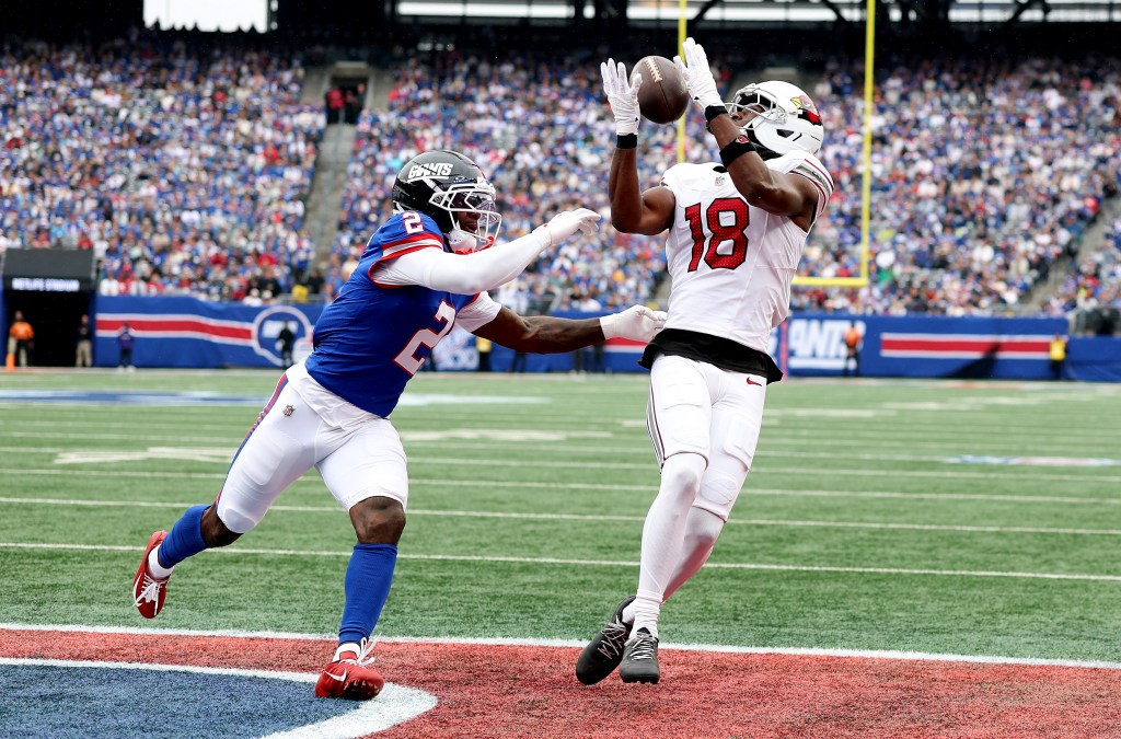 Arizona Cardinals receiver catches a pass as a New York Giants defender defends.