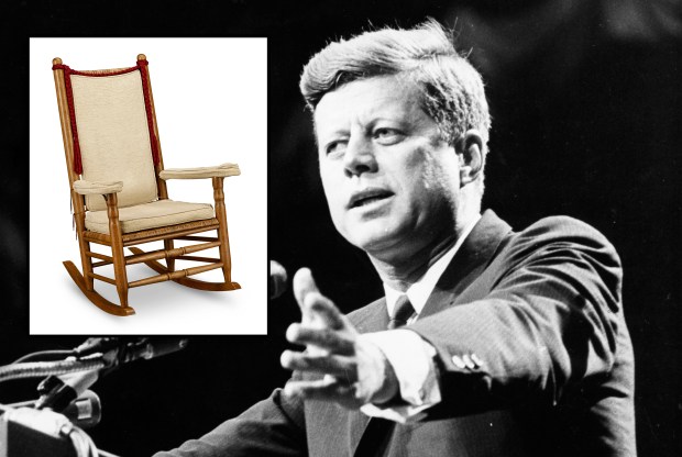 M.S. Rau in New Orleans is offering a 1961 rocking chair (inset) owned by President John F. Kennedy (main) that he used to help soothe his chronic back pain in the White House for $498k. (Photos by Central Press/Getty Images; M.S. Rau)