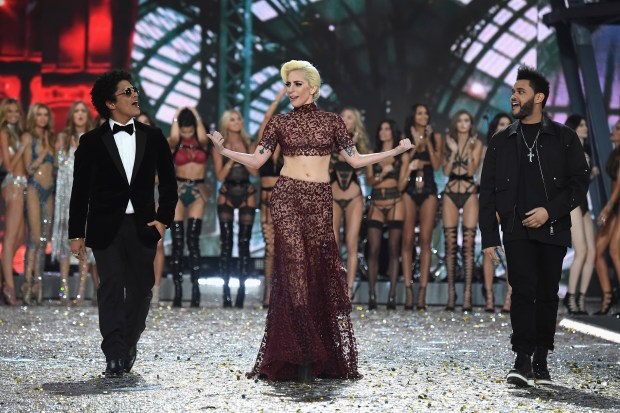 PARIS, FRANCE - NOVEMBER 30: Bruno Mars, Lady Gaga and Weeknd walk the runway at the Victoria's Secret Fashion Show on November 30, 2016 in Paris, France. (Photo by Pascal Le Segretain/Getty Images for Victoria's Secret)