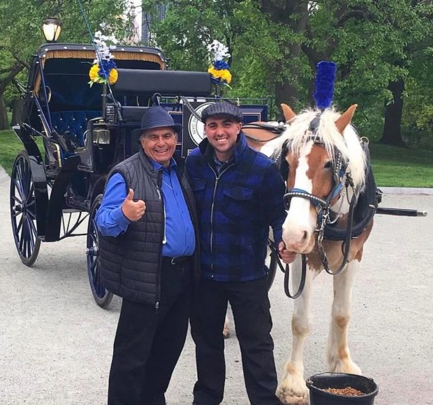 Frank Riccobono (right) stands with his father, Giuseppe Riccobono, in front of one of their three carriages in an undated photo. Frank entered the family business at the age of 18. (Courtesy of Frank Riccobono)