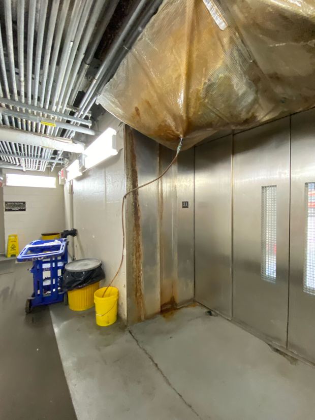 Damage to the roof of the E. 180th St maintenance shop in the Bronx led to water damaging elevators and equipment, the OIG found. (Office of the MTA Inspector General)