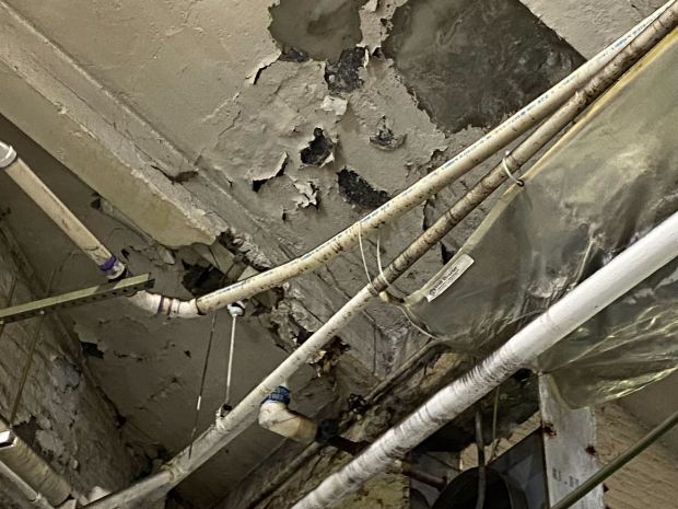 Damage to the ceiling of the 240th St. maintenance shop in the Bronx caused parts of the ceiling to break loose. (Office of the MTA Inspector General)