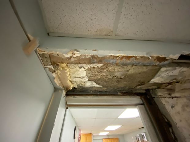 Damage to the ceiling of the 240th St. maintenance shop in the Bronx caused parts of the ceiling to break loose. (Office of the MTA Inspector General)
