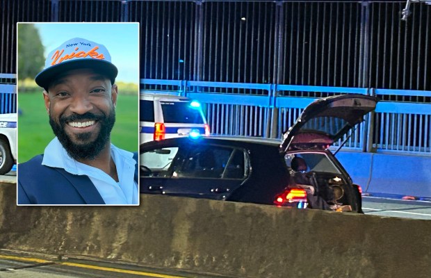 Koran Irvine (inset) was fatally shot in his dark blue Volkswagen hatchback by a fellow driver during a road rage clash on the New Jersey-bound upper level of the George Washington Bridge on Tuesday, Oct. 20, 2026. (Kerry Burke / New York Daily News; Facebook)