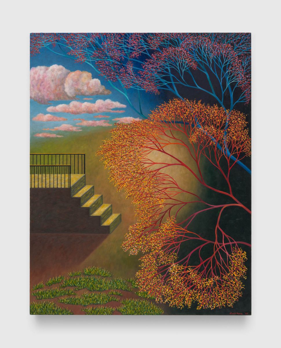 A colorful Scott Kahn painting depicts a staircase beside flowering trees with red branches beneath a blue sky filled with pink clouds.