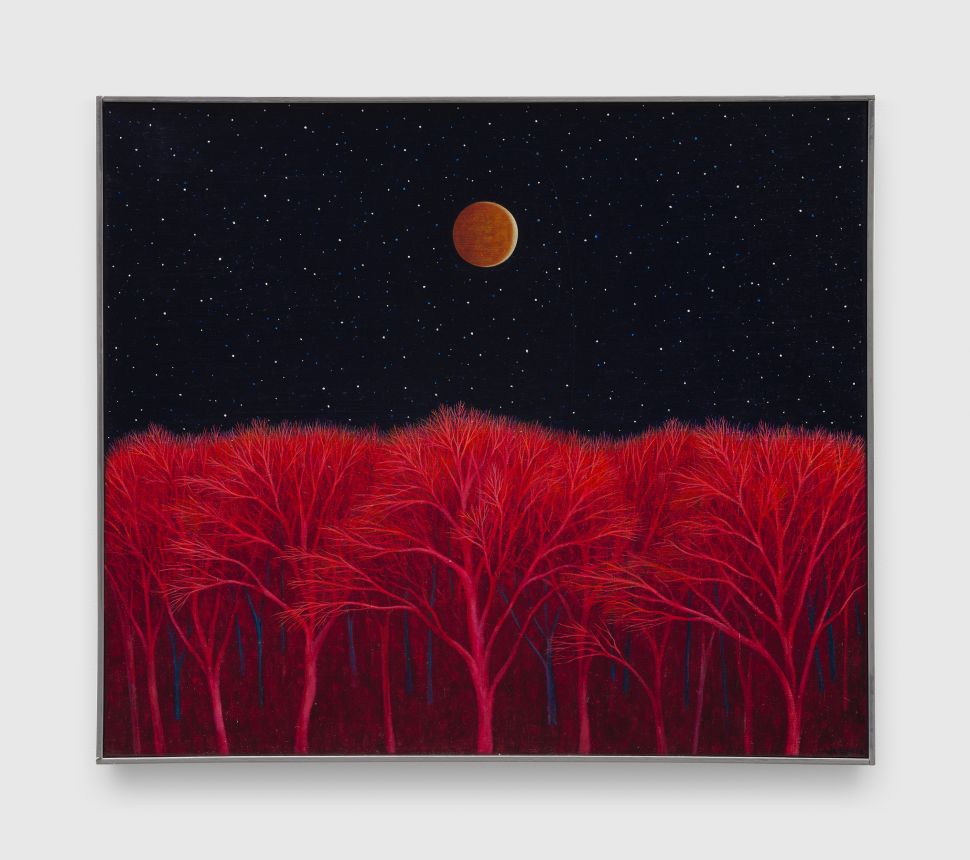 A Scott Kahn painting depicts a dense forest of vivid red trees beneath a star-filled night sky illuminated by an orange moon.